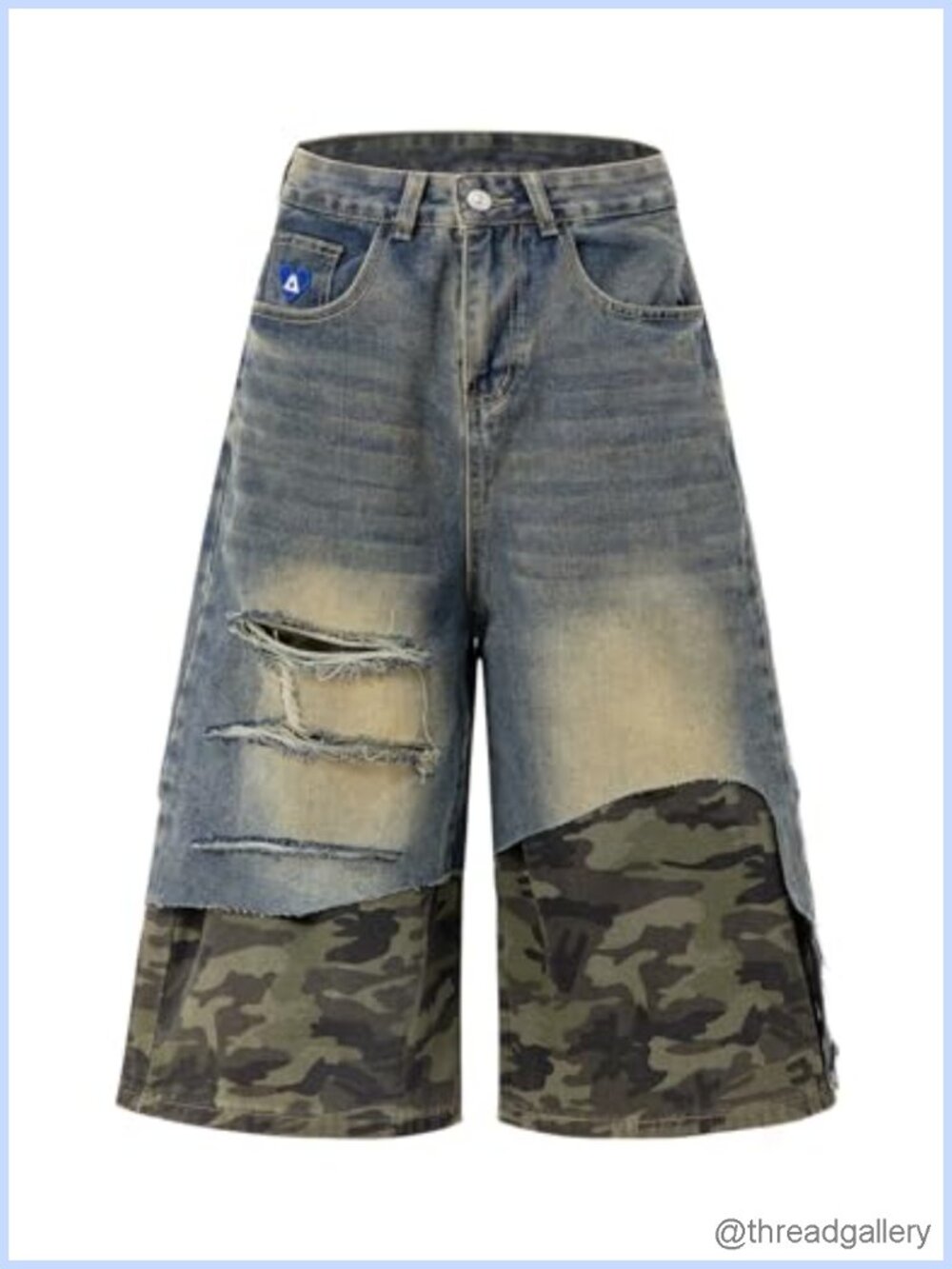 Aelfric Eden Camo Patchwork Distressed Denim Shorts Streetwear
